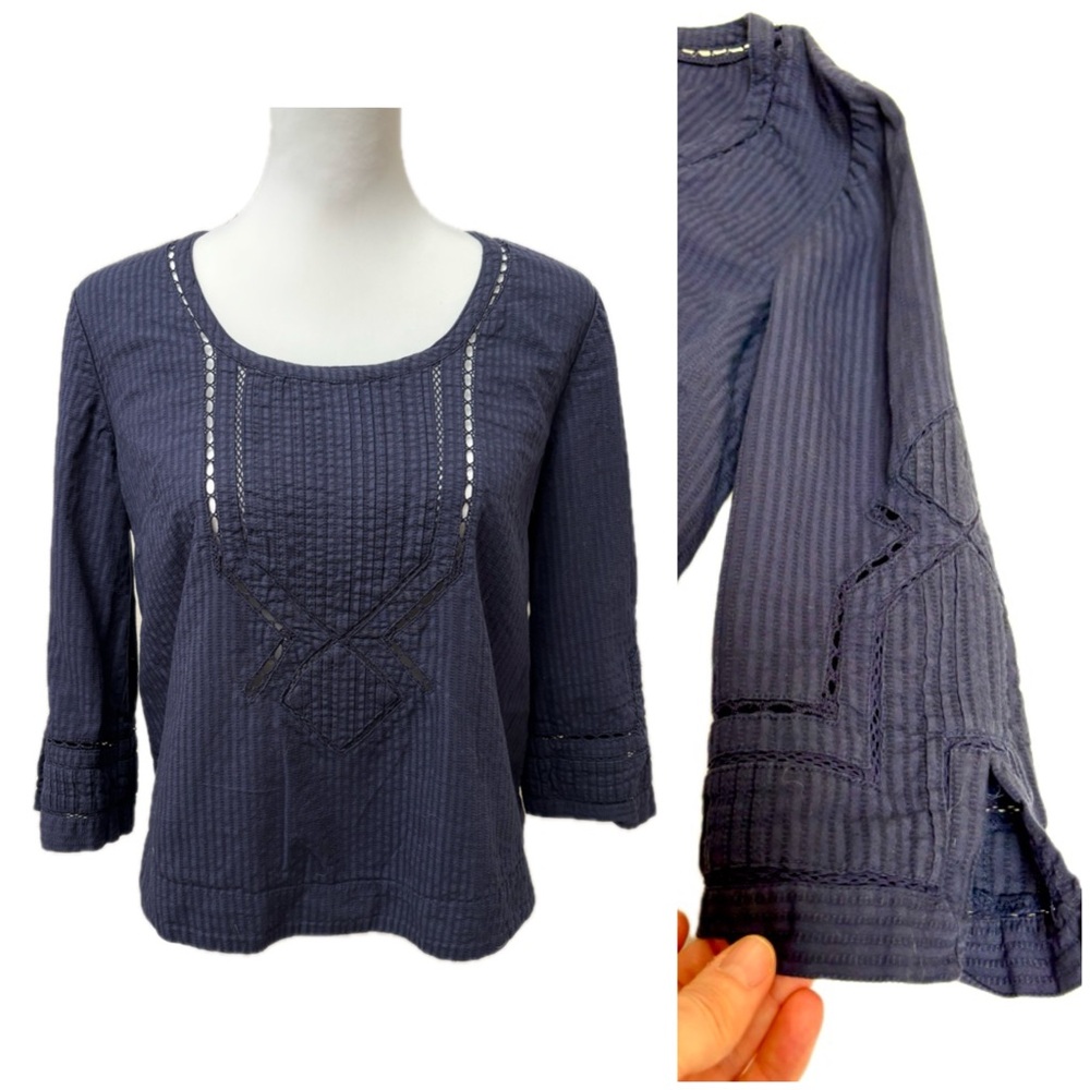 Anthropologie Moulinette Soeurs navy blue size 6 seersucker eyelet bohemian boxy